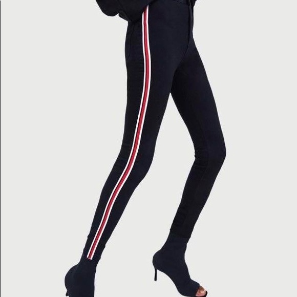 Zara high waist black skinny jeans with red stripe